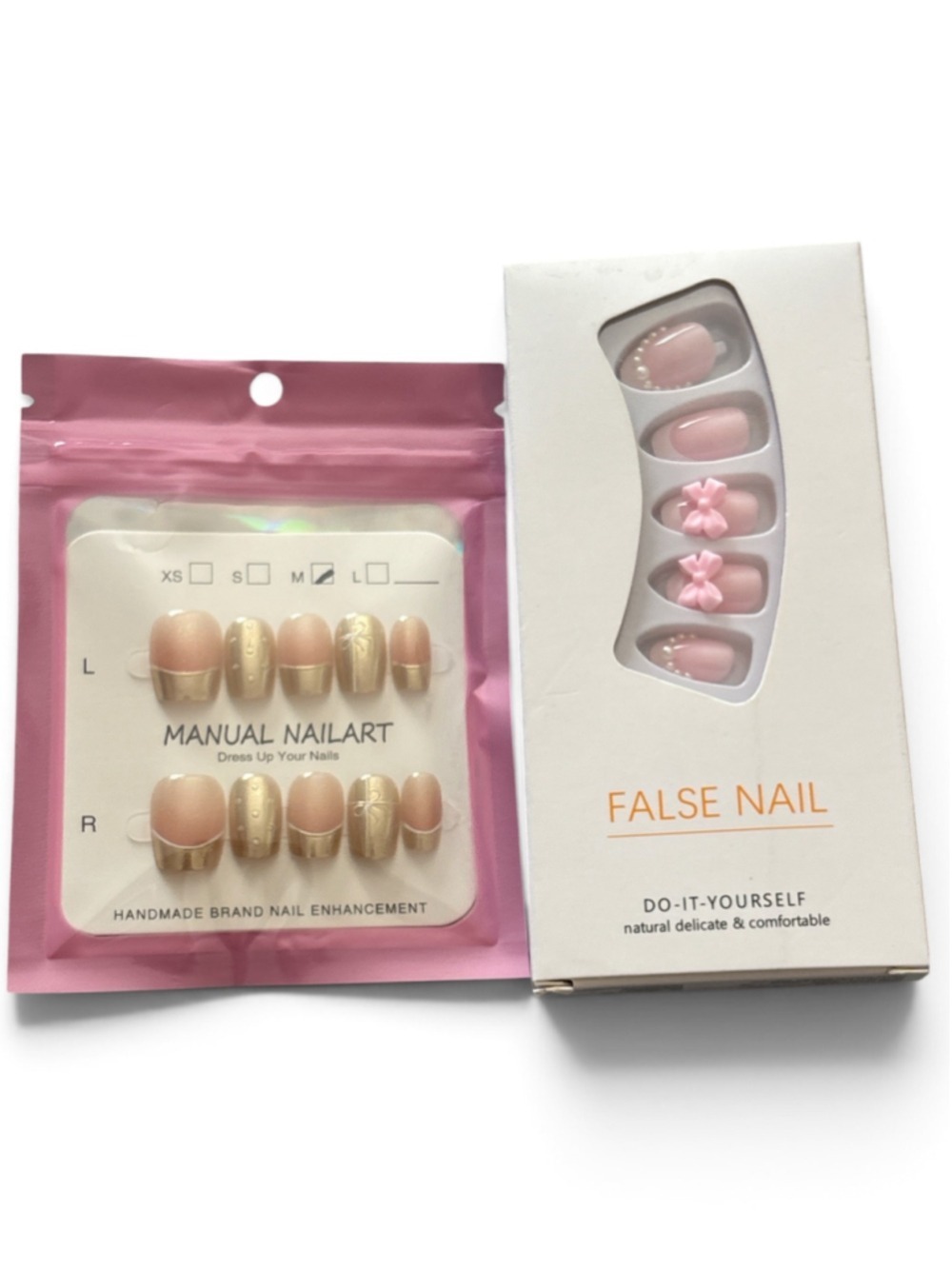 3D design Press-On Nails One Size Gold and Pink set of 2